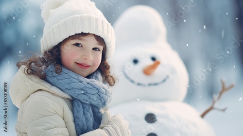 Smiling young woman with snowman on white Christmas in winter snow