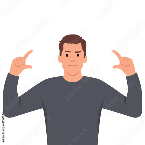 Young man raise hands arms asking how big it is with confused face. Flat vector illustration isolated on white background