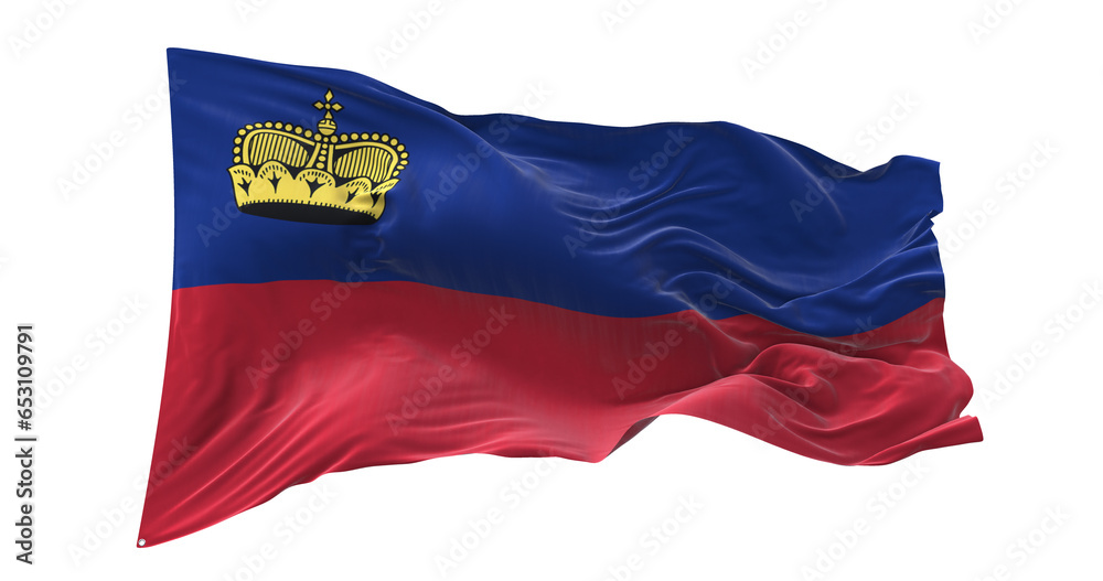 Fototapeta premium 3d illustration flag of Liechtenstein. Liechtenstein flag waving isolated on white background with clipping path. flag frame with empty space for your text.