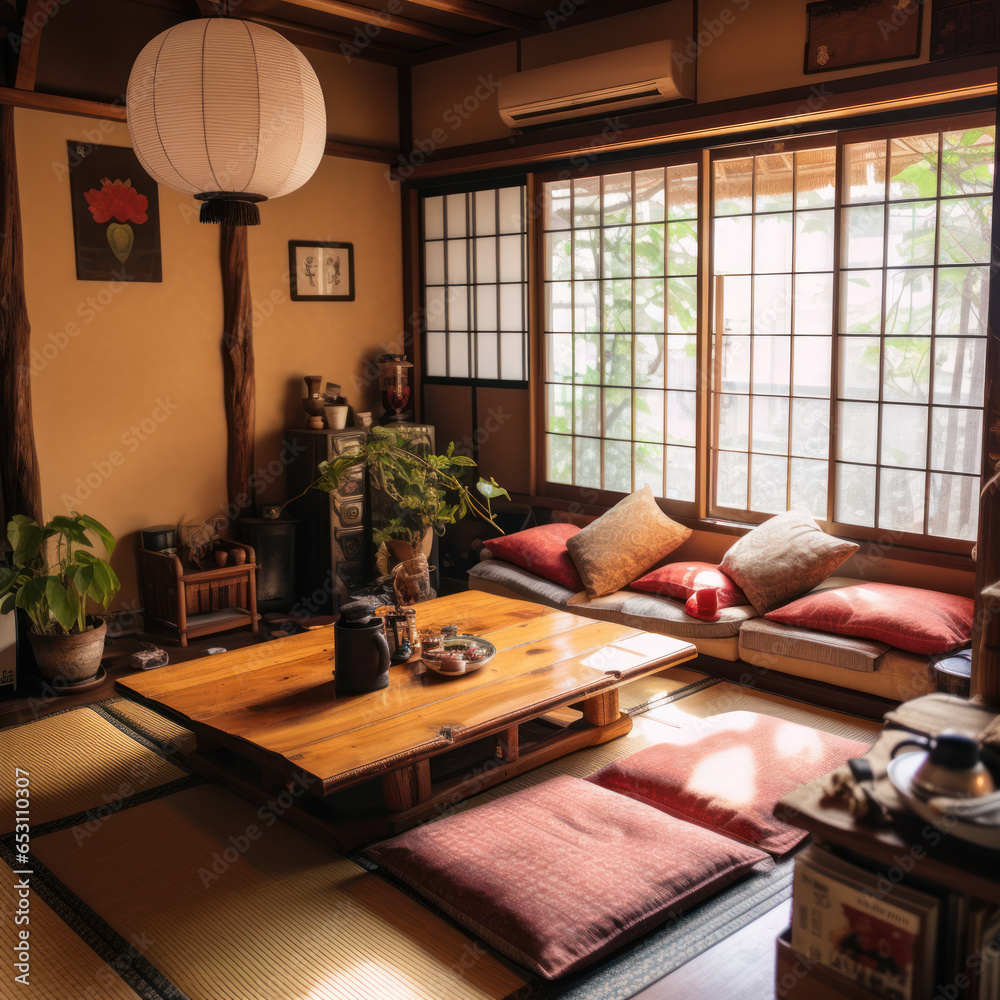 A cozy tatami room with a low table cushions
A cozy tatami room with a low table cushions