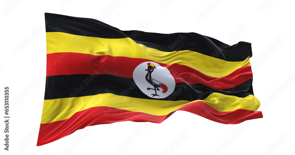 Naklejka premium 3d illustration flag of Uganda. Uganda flag waving isolated on white background with clipping path. flag frame with empty space for your text.