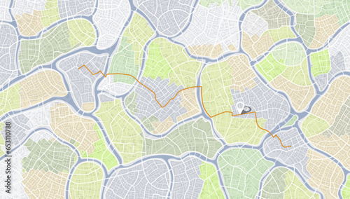 Location tracks dashboard, city street road. City streets and blocks, route distance data, path turns, destination tag or mark. Huge city top view. Top view of the city, showcasing the GPS navigation.