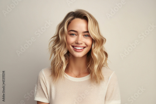 Illustration generative AI collage amazing beauty blonde woman smiling toothy beaming isolated pastel color background