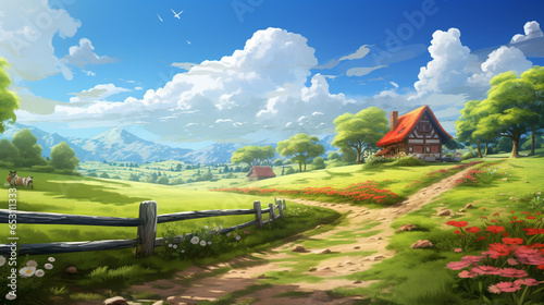 Rural landscape with field, trees, grass. Ecologically clean area with blue sky and clouds. Village in the summer. background for green product concept