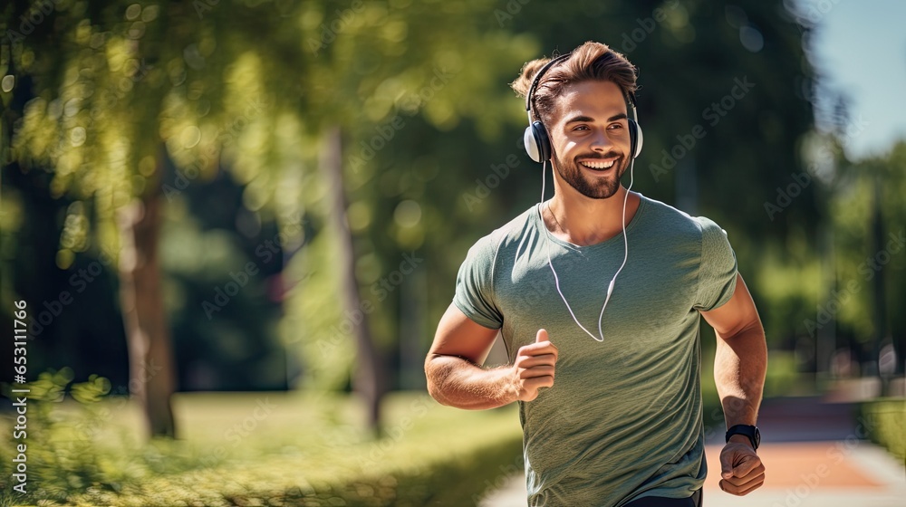 Young bearded man happily runs in the park with headphones on a nice summer day.