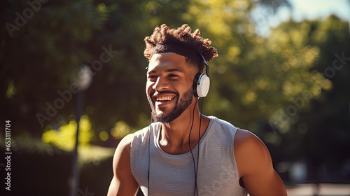 Young bearded man happily runs in the park with headphones on a nice summer day.
