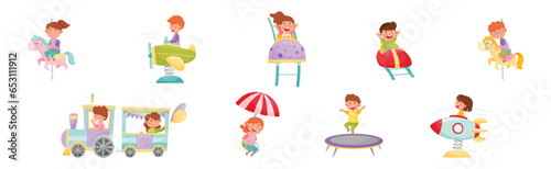 Kids in Amusement Park Riding Carousel Attraction Vector Set