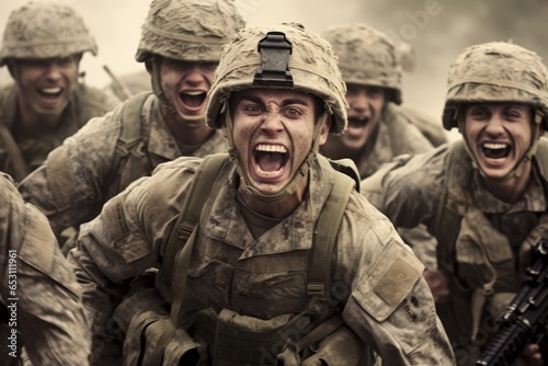 Photo of American soldiers shouting with joy celebrating victory photo