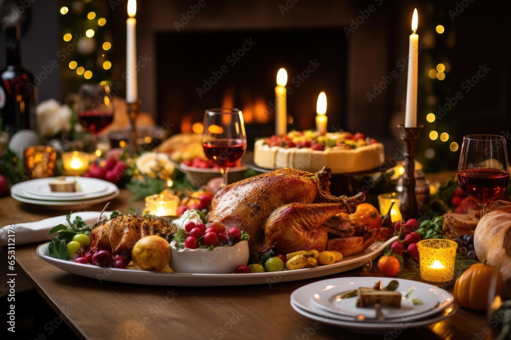 Thanksgiving holiday dinner table decorated with a roasted turkey,ai generated Thanksgiving holiday dinner table decorated with a roasted turkey,ai generated