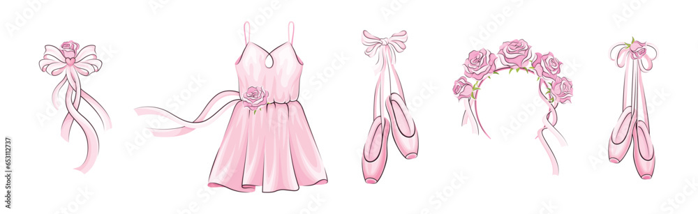 Ballet Accessories with Pink Rose Bud Vector Set Ballet Accessories with Pink Rose Bud Vector Set