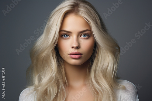 AI generated image of beautiful stunning young woman isolated on grey background