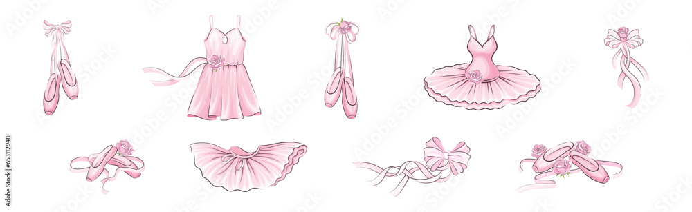 Ballet Accessories with Pink Rose Bud Vector Set Ballet Accessories with Pink Rose Bud Vector Set