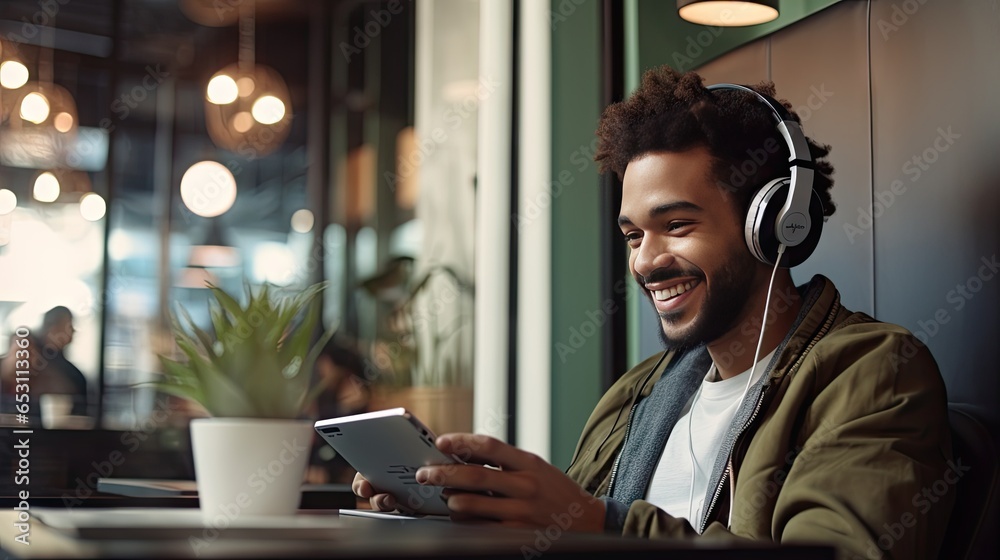 Obraz premium Smiling young man listening to music through wireless headphones and playing on a tablet. sitting in a coffee shop