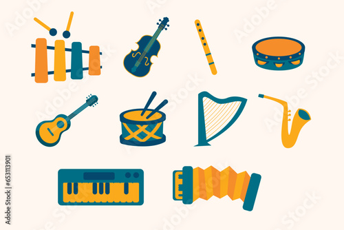 Musical instrument set. Accordion, guitar, harp, ethnic drum, piano.