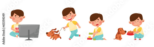 Little Boy Enjoying Different Daily Activity Vector Set