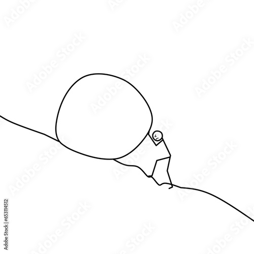 Cartoon stick man drawing conceptual illustration of businessman pushing a big rock up a hill. Difficult business task concept.