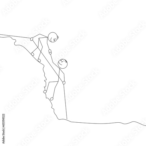 Cartoon stick man drawing illustration of businessman climbing a cliff and being helped by a colleague, coworker or boss. Business teamwork concept.