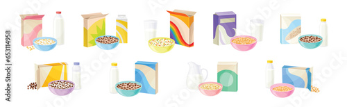 Bowl of Breakfast Cereal with Milk and Carton Package Vector Set