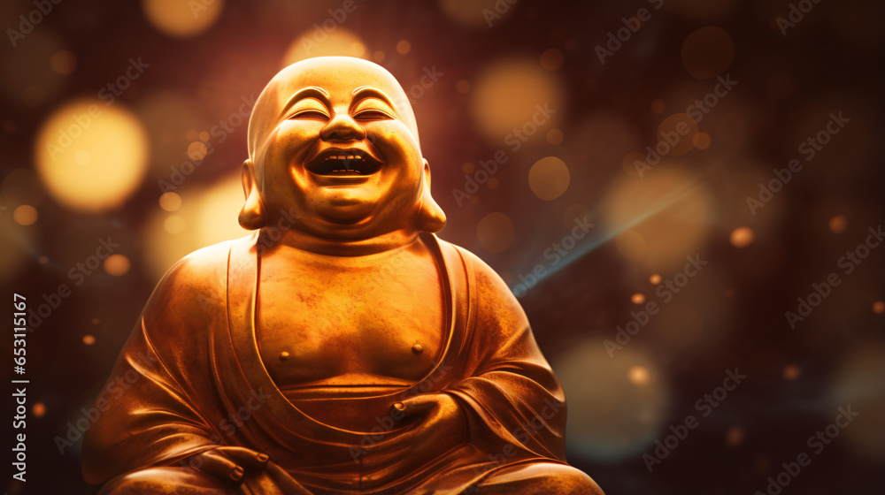 Edited image of laughing buddha idol with abstract - obrazy, fototapety, plakaty 