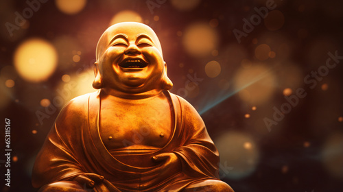 Edited image of laughing buddha idol with abstract