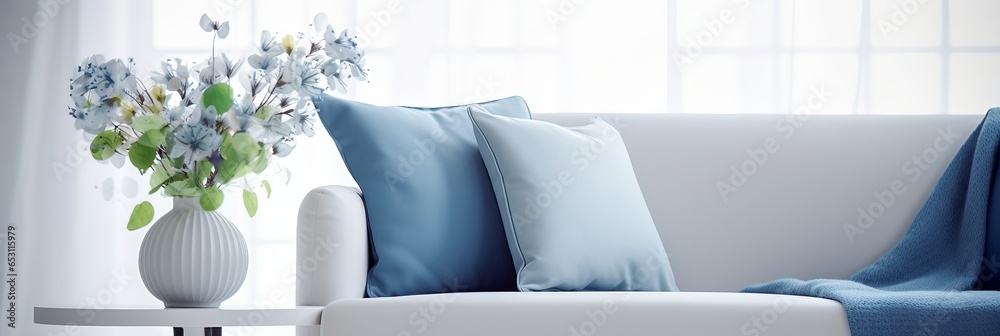 home interior design element close up freshness flower vase on coffee table in living room with background of blue bright colour sofa and pillow daylight cosy comfort home interior background - obrazy, fototapety, plakaty 