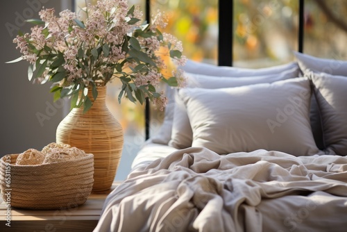 close up bedroom Interior of a contemporary white soft pillow bedmaid arrange in suites bedroom house interior background