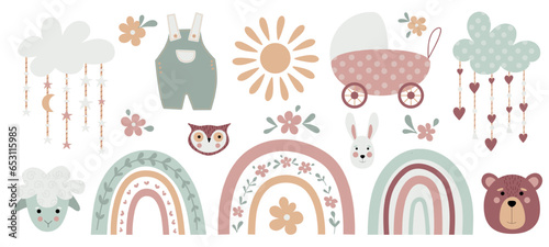 Boho baby rainbow clipart. Boho color rainbow, animals and baby elements for your project.