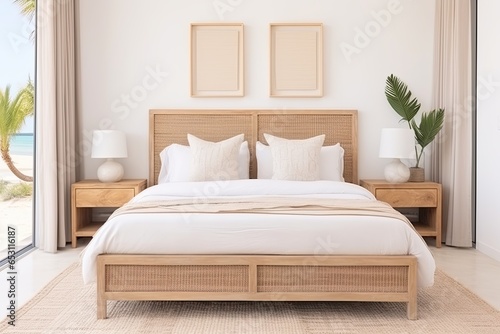 Bedroom interior background with rattan furniture and empty frames