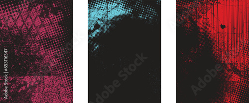Glitch distorted grungy isolated layers . Design element for brochure, social media, posters, flyers. Overlay texture.Textured banner with Distress effect .Vector halftone dots . Screen print texture