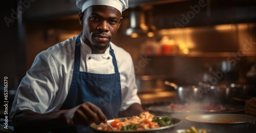 African chef in uniform cooking in a kitchen.