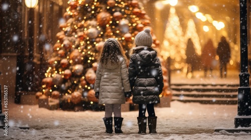 Two young girls standing on the Christmas street looking at the Christmas tree covered with snow