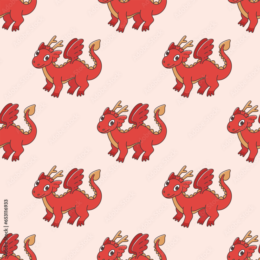 Print in cartoon style with Chinese dragon. Seamless pattern on beige background with fantasy animals. Vector oriental illustration with fairytale character. New year symbol. Asian wallpaper Print in cartoon style with Chinese dragon. Seamless pattern on beige background with fantasy animals. Vector oriental illustration with fairytale character. New year symbol. Asian wallpaper