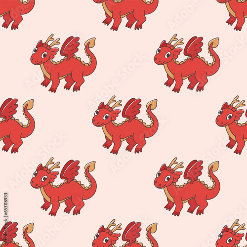 Print in cartoon style with Chinese dragon. Seamless pattern on beige background with fantasy animals. Vector oriental illustration with fairytale character. New year symbol. Asian wallpaper