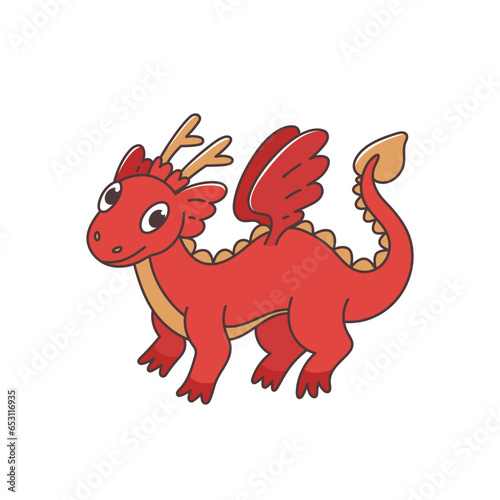 Cartoon red dragon. Oriental fantasy animal isolated on white background. Vector illustration with asian fairytale character. Chinese zodiac sign. New year symbol.