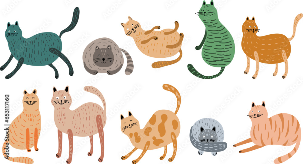 Naklejka premium Hand drawn doodle cats isolated on white set. Hand drawn cute illustration for kids collection.
