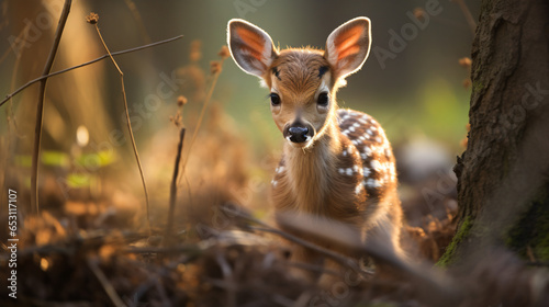 Cute spotted baby deer in wild