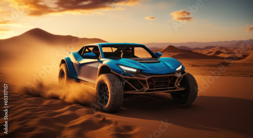 Car speeding through the desert at sunset. © visoot