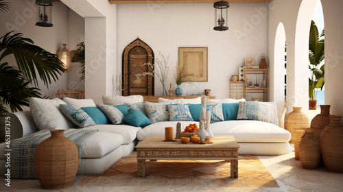 Mediterranean interior design for a modern living room featuring an elegant sofa, artwork, a table, and wall