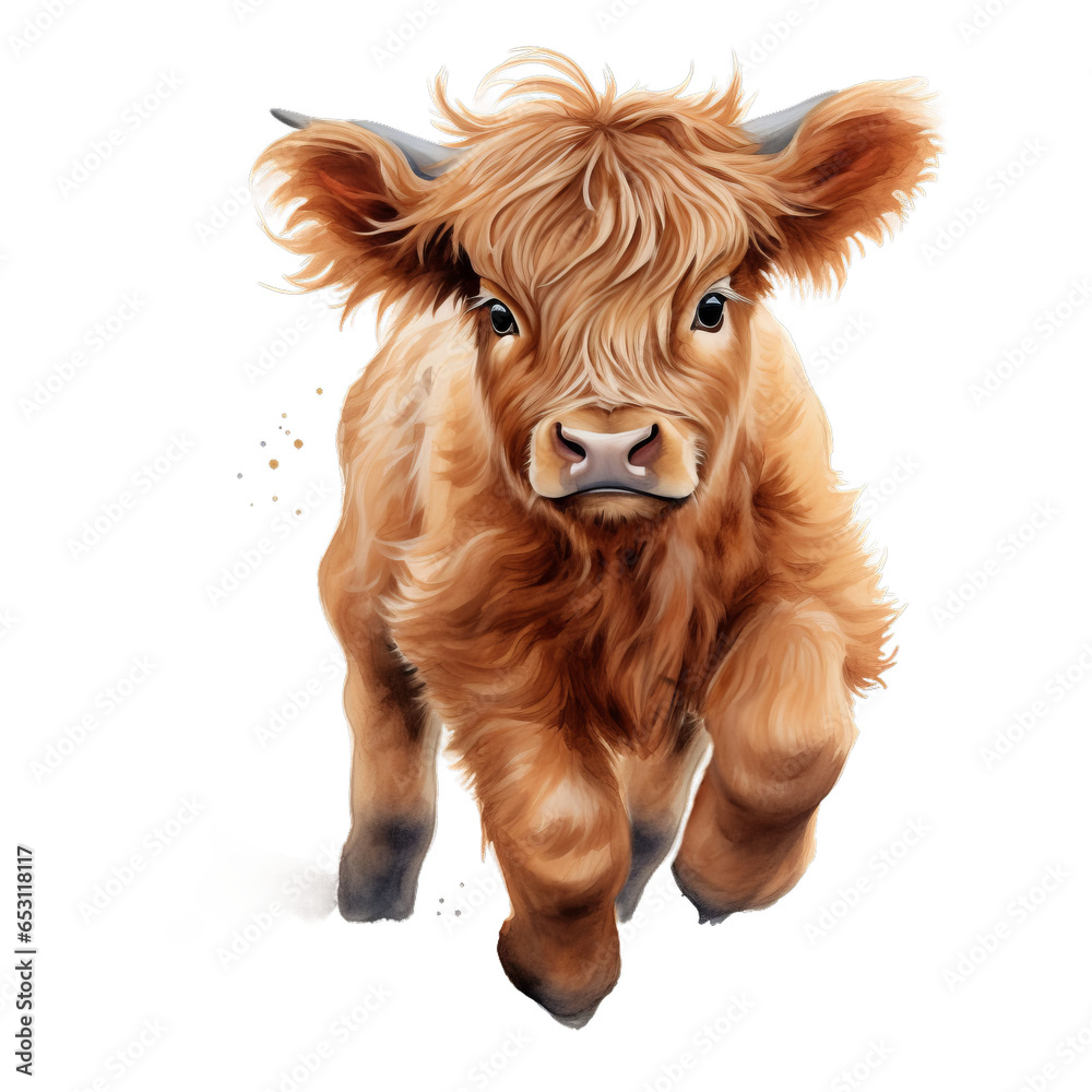 Baby highland cow watercolor clipart on transparent background. Generative AI illustration Baby highland cow watercolor clipart on transparent background. Generative AI illustration