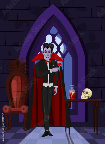 Dracula vampire character welcomes guests in black red cape with wineglass in dark castle window, moon, interior. Vector illustration cartoon style isolated