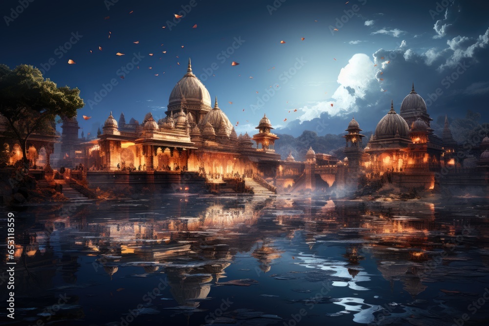 Model of Ayodhya shri Ram mandir Ram temple night scene - obrazy, fototapety, plakaty 
