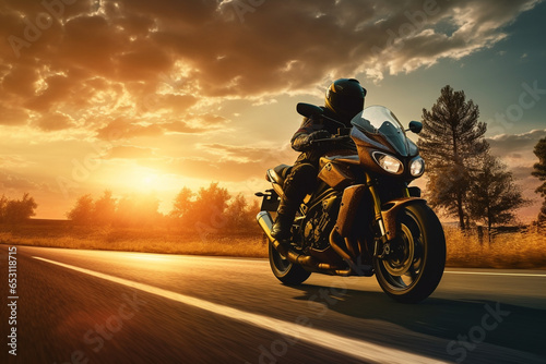 motorbike running on asphalt road in countryside at sunset © Salawati