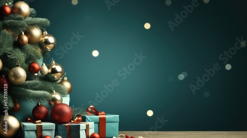Gift boxes on green background, Merry Christmas banner with blank space for text.