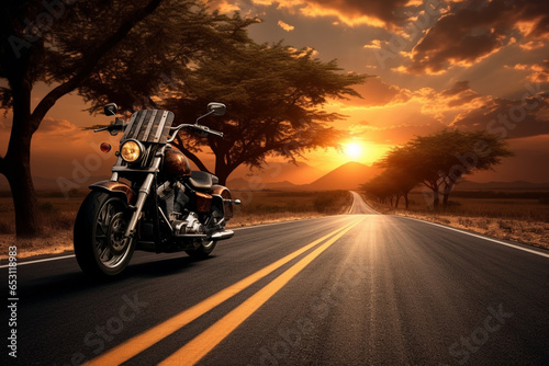 motorbike running on asphalt road in countryside at sunset © Salawati