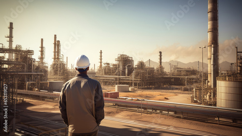 Portrait of rich Arabian businessman standing infront of the oil refinery power plant background. People and business industry concept.