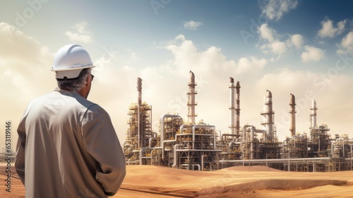 Portrait of rich Arabian businessman standing infront of the oil refinery power plant background. People and business industry concept.