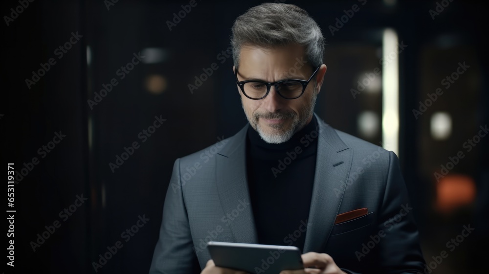 Portrait of mature businessman using tablet computer on dark background. Portrait of mature businessman using tablet computer on dark background.