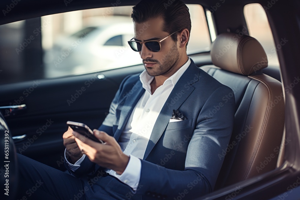 A successful businessman in a luxurious suit in his car using his smartphone A successful businessman in a luxurious suit in his car using his smartphone