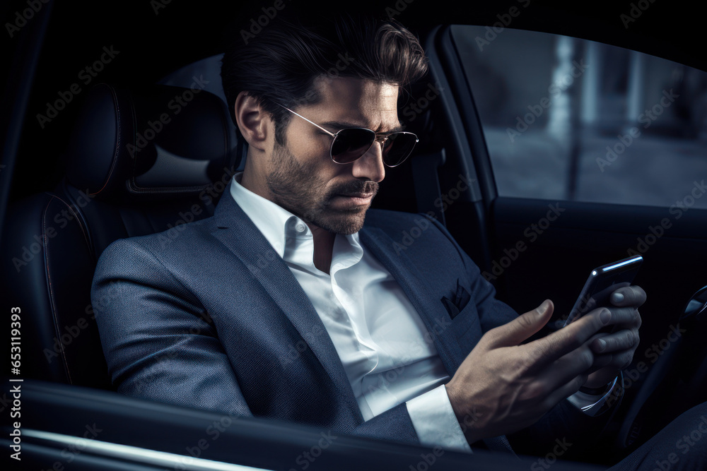 A successful businessman in a luxurious suit in his car using his smartphone A successful businessman in a luxurious suit in his car using his smartphone