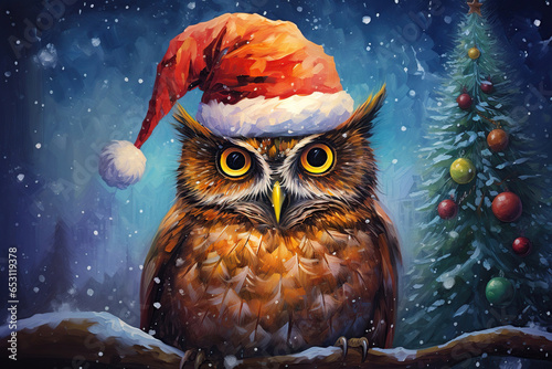 funny cute owl with santa hat in winter with snowflakes and a christmas tree, beautiful art